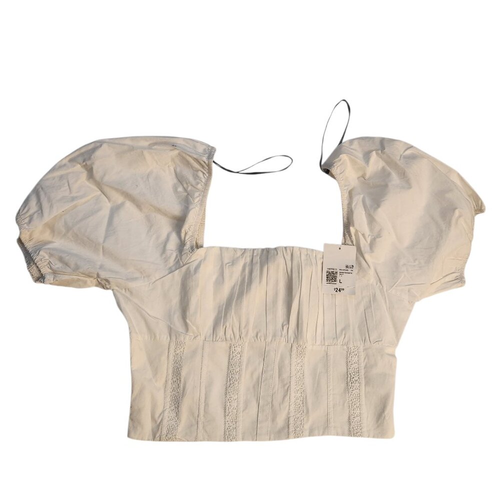 NWT Forever 21 Crop Top Shirt Size L White Bustier Puff Sleeve Zipper